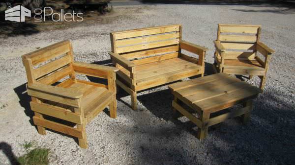 Complete Garden Set Made Out Of Repurposed Pallets Pallet Benches, Pallet Chairs & Stools 