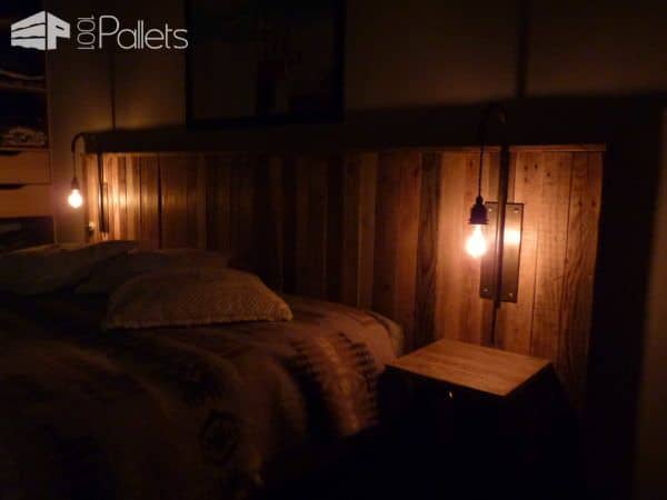 Pallet Bed Headboard With Lights / Tête De Lit En Palettes Et Appliques Pallet Beds, Pallet Headboards & Frames Pallet Bed Headboard With Lights / Tête De Lit En Palettes Et Appliques Pallet Beds, Pallet Headboards & Frames