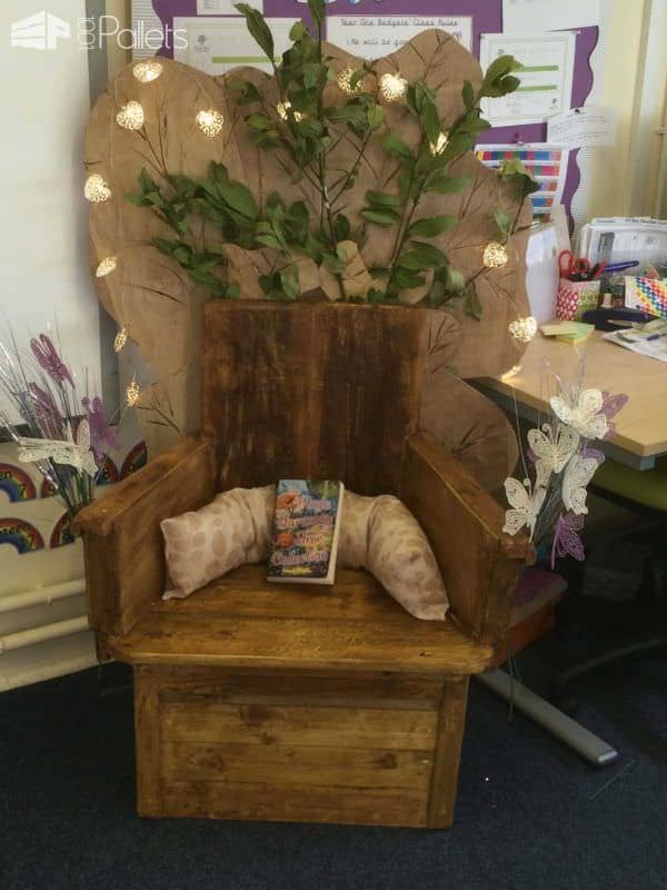 Story Telling Chair From Old Gym Bench & Reclaimed Pallet Wood Pallet Benches, Pallet Chairs & Stools 