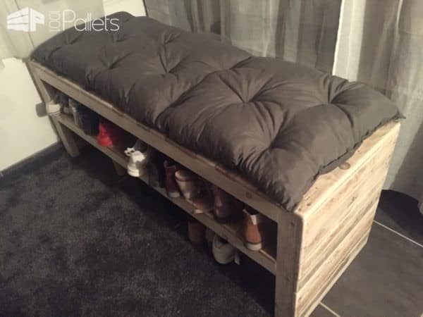 This Pallet Bench Has Two Shoe Storage Shelves! Pallet Benches, Pallet Chairs & Stools This Pallet Bench Has Two Shoe Storage Shelves! Pallet Benches, Pallet Chairs & Stools