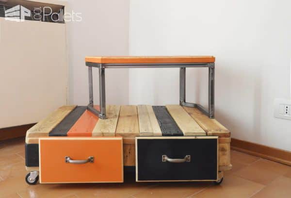Fun Bi-level Pallet Sofa Table Has Two Drawers Plus Wheels! Pallet Coffee Tables Fun Bi-level Pallet Sofa Table Has Two Drawers Plus Wheels! Pallet Coffee Tables
