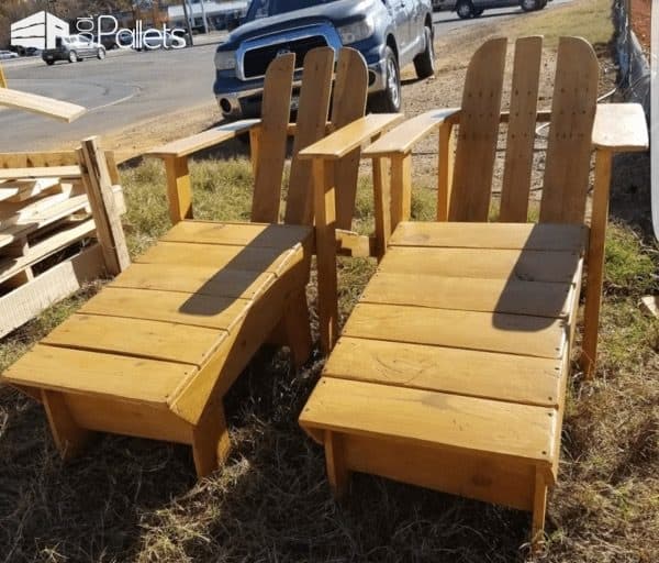 Two Adirondack Chairs With Foot Rests Pallet Benches, Pallet Chairs & Stools Two Adirondack Chairs With Foot Rests Pallet Benches, Pallet Chairs & Stools