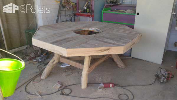 Pallet Patio Table Features Central Fire Pit Pallet Benches, Pallet Chairs & Stools Pallet Patio Table Features Central Fire Pit Pallet Benches, Pallet Chairs & Stools