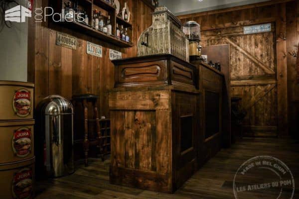 Vintage Barber Shop Decorated Using Pallets! Pallet Store, Bar & Restaurant Decorations 