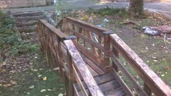 Wood Pallet Bridge over a Pond or Small Stream Pallets in the Garden Wood Pallet Bridge over a Pond or Small Stream Pallets in the Garden