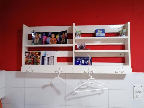 White Wall Shelf With Hooks Made Of Ordinary Wood Pallets Pallet Shelves & Pallet Coat Hangers White Wall Shelf With Hooks Made Of Ordinary Wood Pallets Pallet Shelves & Pallet Coat Hangers