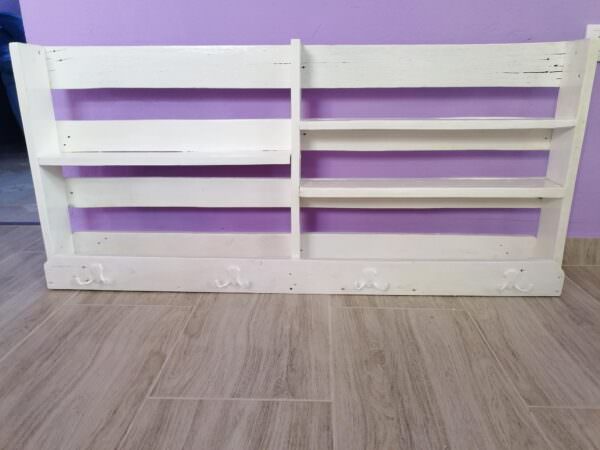 White Wall Shelf With Hooks Made Of Ordinary Wood Pallets Pallet Shelves & Pallet Coat Hangers White Wall Shelf With Hooks Made Of Ordinary Wood Pallets Pallet Shelves & Pallet Coat Hangers