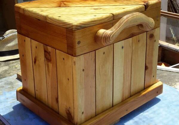 Diagonal-topped Pallet Chest/Seat Features Carved Handle